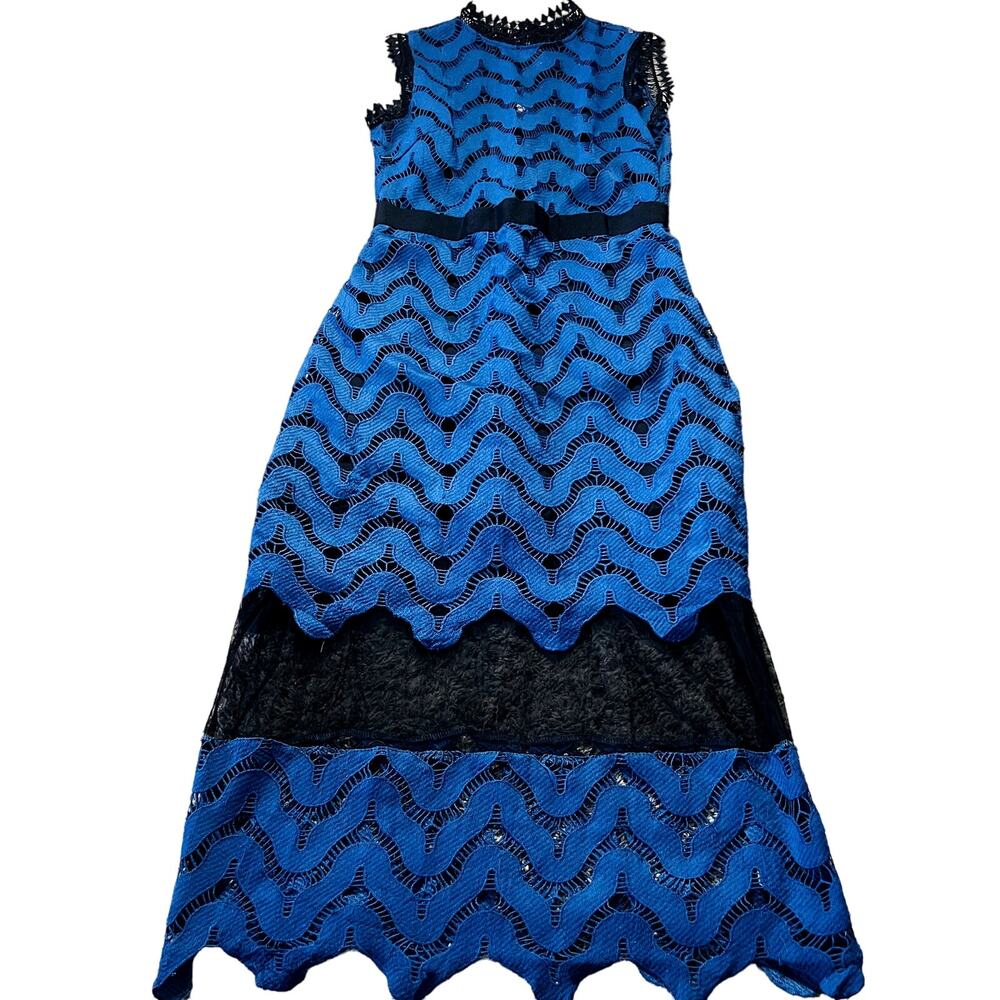 Vintage Y2K Scallop Open Back High Neck Midi Dress Blue Women's Size Medium